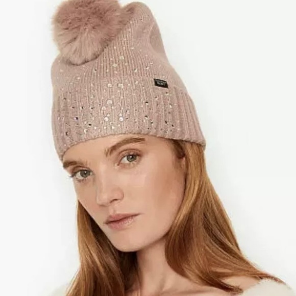 Victorias Secret Luxe Bling Faux Fur Pom-Pom Hat Blush Rhinestone Embell… - Picture 2 of 7